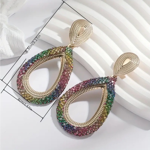 Rose Red Rhinestone Boho Style Teardrop Dangle Earrings - Picture 3 of 3